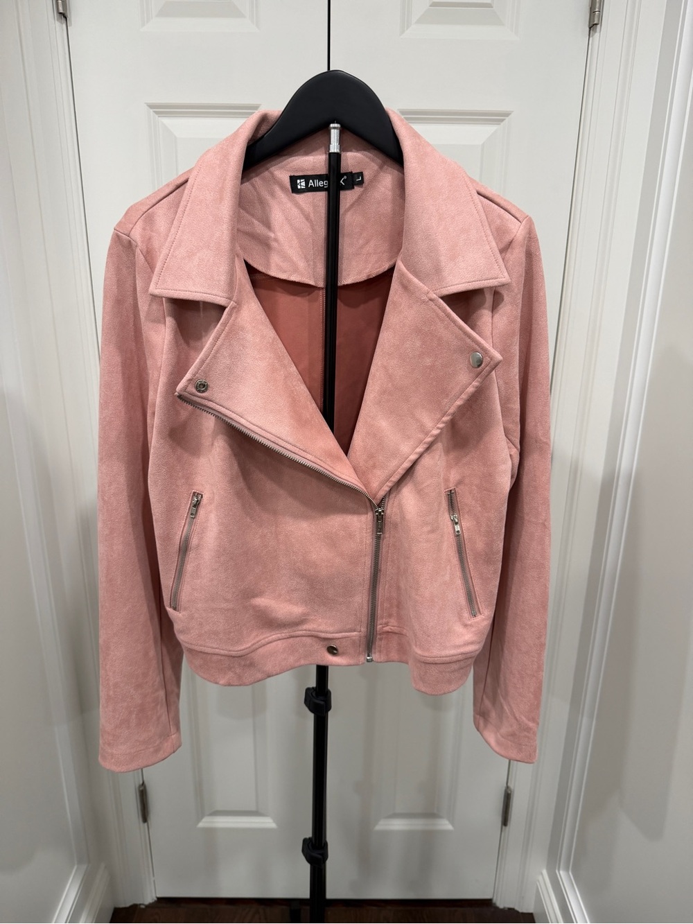 Allegra K Soft Pink Suede-Look Moto Jacket